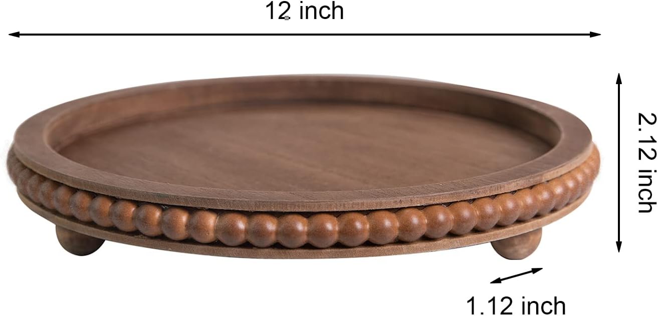 HPC Decor 12in Round Wood Tray - White, Distressed, Farmhouse Rustic - Decorative Tray for Living Room, Coffee Table, Kitchen Table or Farmhouse Serving Tray
