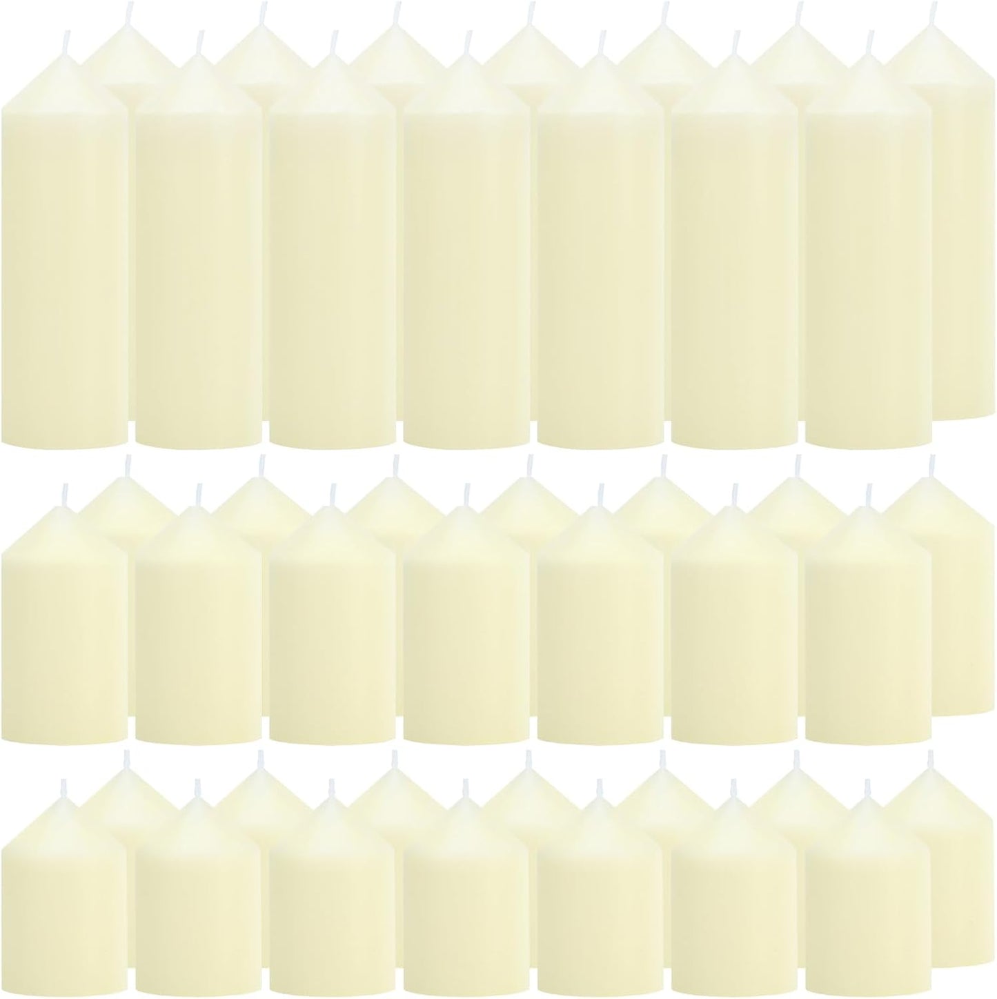 12-Pack Ivory Unscented Pillar Candle Set - 2x3, 2x6, 2x8-inch Long-Burning Drip-Free Tapers, 4 Per Size. Ideal for Home Decor, Weddings, Emergencies, and Holidays.