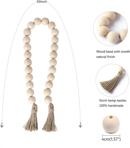Farmhouse Decor Large Wood Bead Garland 50inch long with 1.6" Diameter beads, Natural Wooden Beads Decor with Tassels Decorative Boho Country Decoration for Coffee Table Home Tiered Tray Wall Hanging