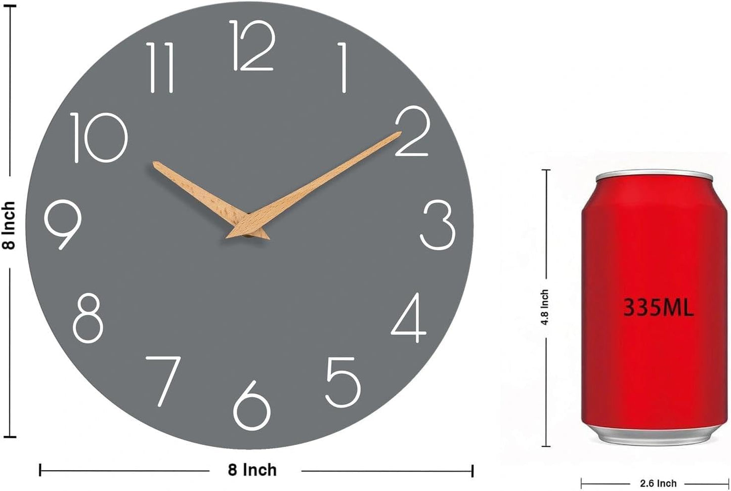cicininc Wall Clock, Gray Silent Non-Ticking, Decorative Battery Operated Wall Clocks for Bedroom, Kitchen, Home, Office, School, Hotel (8 Inch)