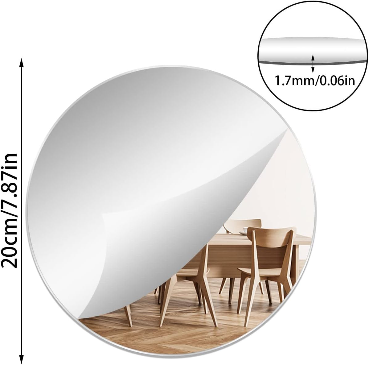 7.87" Round Wall Mirror Tile Self Adhesive Acrylic Mirror Sheet Sticker for Bathroom, Bedroom, Door, Home Decor