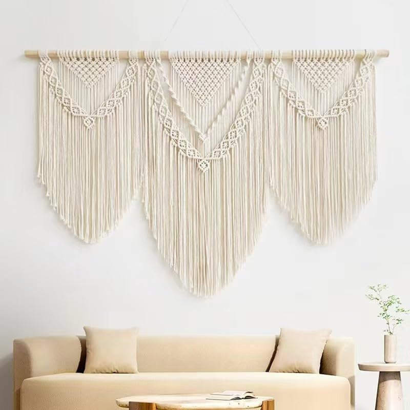 oiikain Large Handmade Boho Macrame Wall Hanging Tapestry - Chic Bohemian Woven Home Decor art for Living Room, Bedroom, and Wedding Parties (Beige, twelve rhombus)