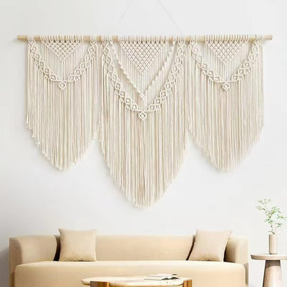 oiikain Large Handmade Boho Macrame Wall Hanging Tapestry - Chic Bohemian Woven Home Decor art for Living Room, Bedroom, and Wedding Parties (Beige, twelve rhombus)