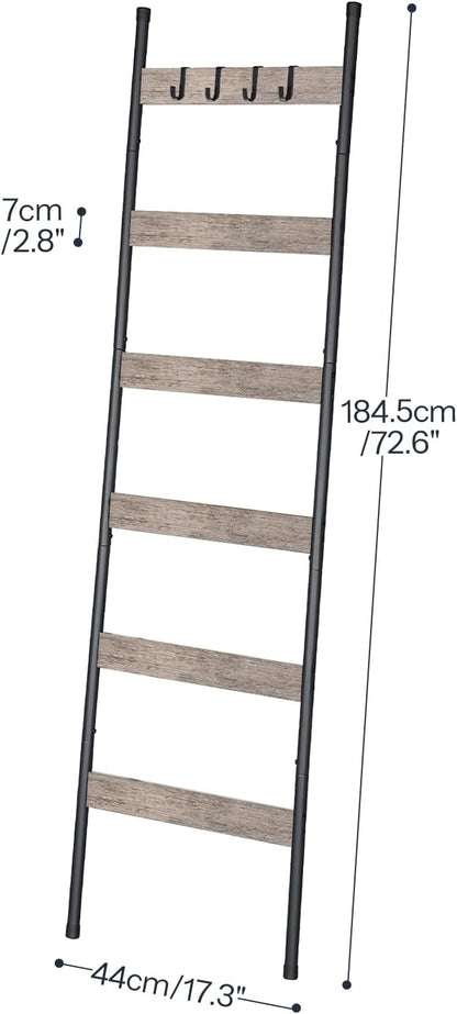 HOOBRO Blanket Ladder, 5-Tier Towel Rack with Hooks, Wall-Leaning Blanket Rack, Decorative Display Ladder Shelf, for Scarves, Industrial, Living Room, Bedroom, Rustic Brown and Black BF52CJ01
