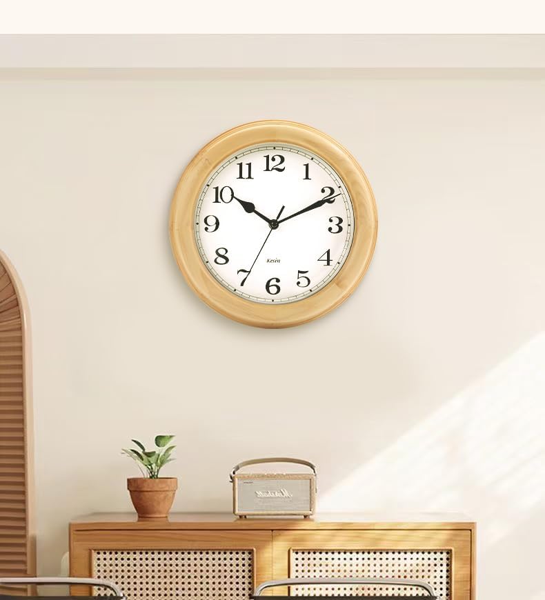 Wooden Wall Clock with Retro Design, 11 Inches Round Wall Clocks Battery Operated Silent Non-Ticking, Big Arabic Numerals, for Kitchen Living Room Classroom Gym and Pool, Brown