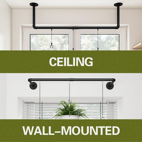 Galood Plant Hanger Indoor with 6 Hanging Chains Hanging Planters for Indoor Plants Hanging Plant Holder Window Plants Rod Black Metal Shelves(70.8 Inch Pot not Included