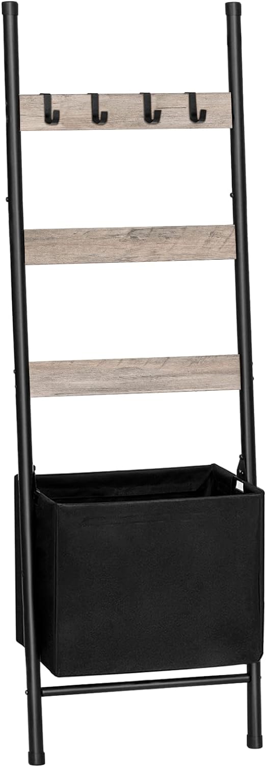 HOOBRO Blanket Ladder with Basket, 17.3”L x 63.4”H, Towel Rack with Hooks, Blanket Holder Rack, Decorative Ladder Shelf, Drying and Display Rack for Bathroom, Living Room, Rustic Brown BF31CJ01