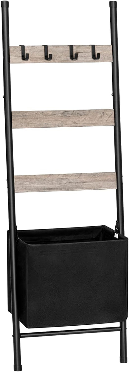 HOOBRO Blanket Ladder with Basket, 17.3”L x 63.4”H, Towel Rack with Hooks, Blanket Holder Rack, Decorative Ladder Shelf, Drying and Display Rack for Bathroom, Living Room, Rustic Brown BF31CJ01