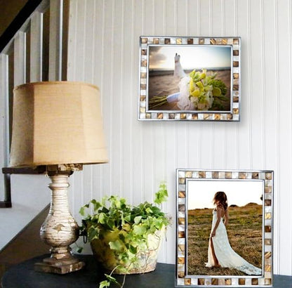 Silver Plate Picture Frame 5x7 Mother of Pearl 5 by 7 Photo Frame Mosaic Glass Tabletop Frame (Grey+ White,1pc)