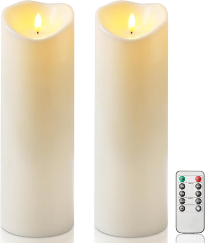 Homemory 6"x3" Outdoor Waterproof Flameless Candles, LED Candles, Battery Operated Candles with Remote and Timers, Electric Fake Plastic Pillar Candles, Ivory White, Set of 2
