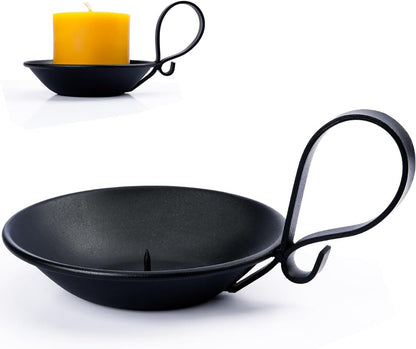Matte Black Iron Pillar Candle Holder, with Handle, Simple Industrial Style ，Table Centerpiece Decoration，with Safety Spike.