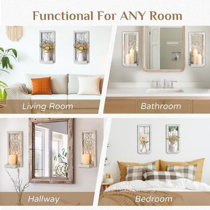 Farmhouse Wall Candle Holder Decor: Rustic Candle Sconces Set of Two for Pillar Candles - Brown Wooden Shelving for Fireplace Bathroom Hallway