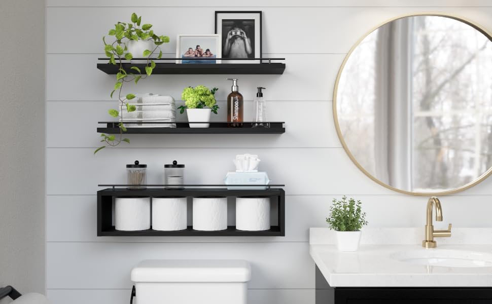 WOPITUES Floating Shelves for Wall with Cube Shelf, Wall Shelves with Metal Rail for Bathroom Decor, Bathroom Organizers and Storage, Over Toilet Shelves for Toilet Paper-Black