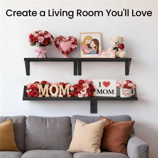 BAYKA Wall Mounted Floating Shelves, Wood Floating Wall Shelf for Books & Decor, Small Space-Saving Display & Organizer（Black，Set of 3）