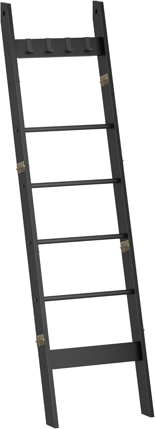 Hzuaneri Blanket Ladder for Living Room, Decorative Quilt Rack with 4 Removable Hooks, 5-Tier Farmhouse Ladder Holder Shelf Organizer for Bedroom, Rustic Brown and Black 02101BBR