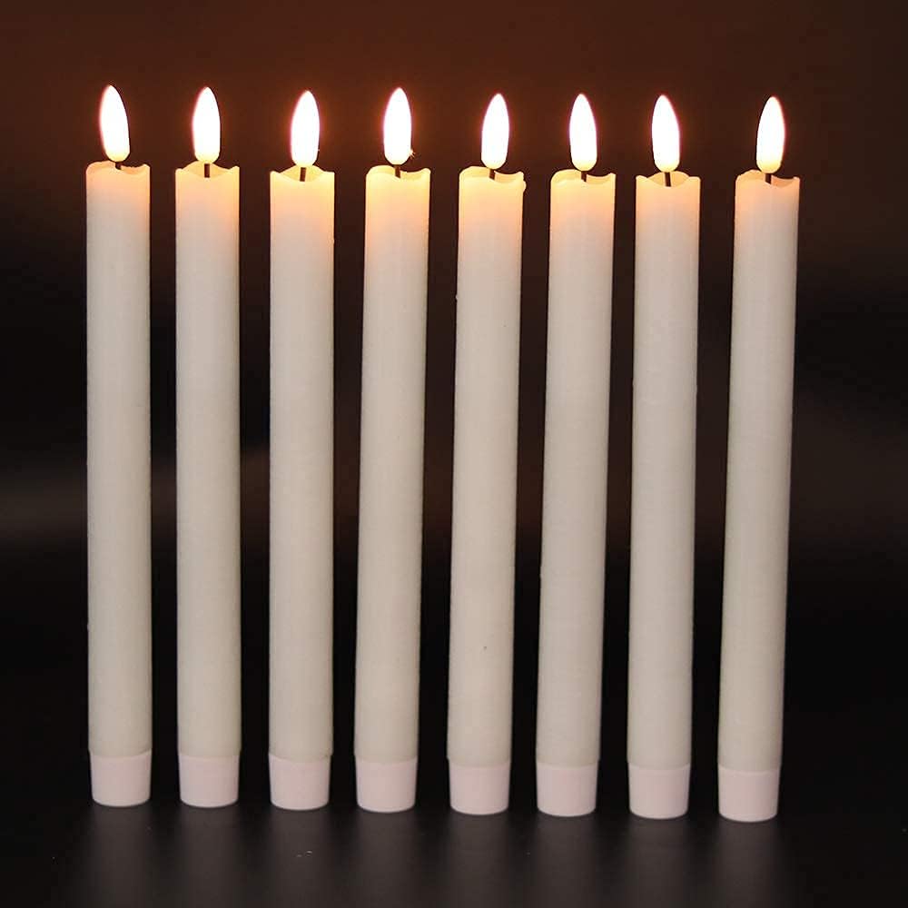 GenSwin Flameless Ivory Taper Candles Flickering with 10-Key Remote, Battery Operated Led Warm 3D Wick Light Window Candles Real Wax Pack of 6, Christmas Home Wedding Decor(0.78 X 9.64 Inch)