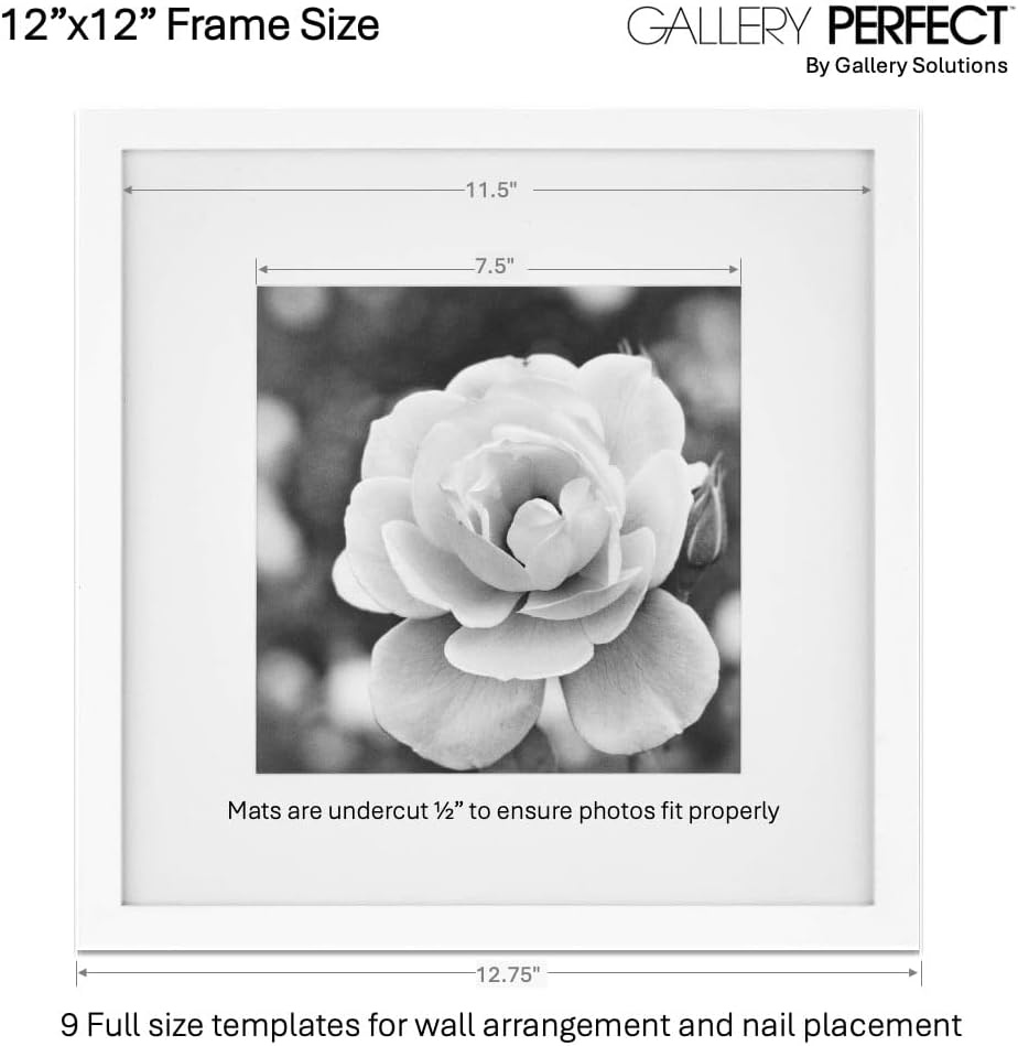 Gallery Perfect 12x12 Picture Frames, 9 Piece Set with Real Glass Cover for 8x8 Photos With Mat, Picture Frames Collage Wall Decor for Gallery Wall, Home Decor, Black