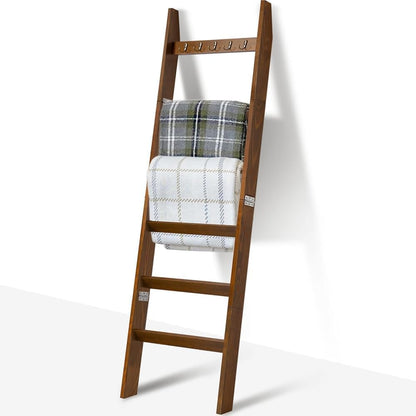 TEAKMAMA 6-Tier Blanket Ladder for Living Room and Bedroom,5.4 Ft Wall Leaning Quilt Rack with Hooks,Rustic Decorative Farmhouse Blanket Storage,Stylish Ladder Holder,Christmas Decorations,Black