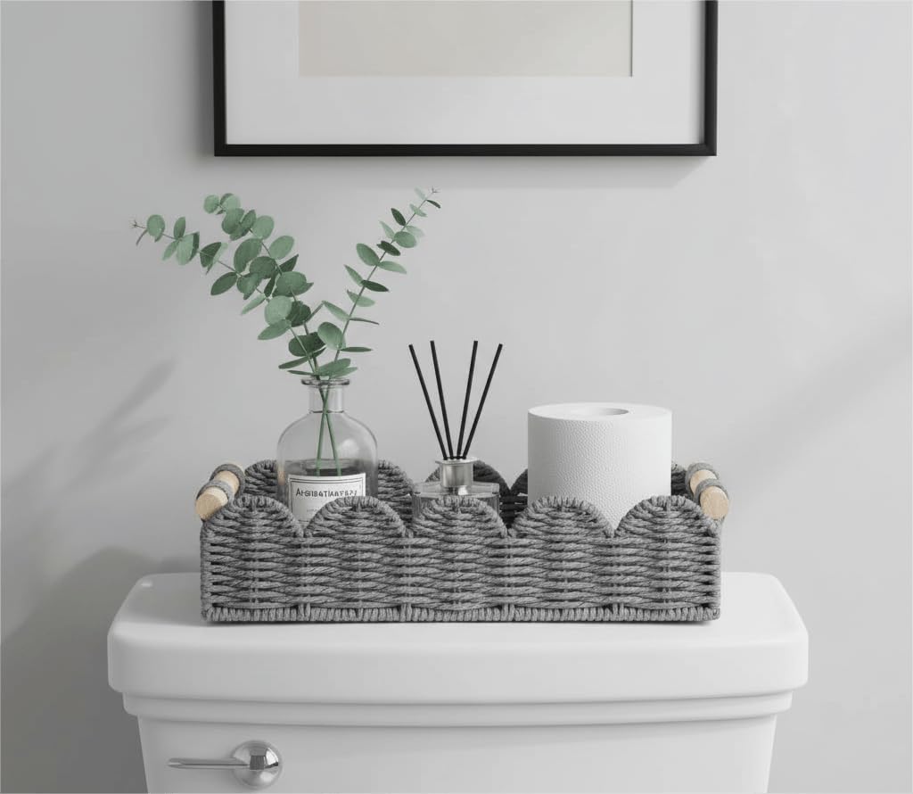 CubesLand Paper Rope Scalloped Edge Toilet Paper Storage Basket, Small Living Room, Bedroom Decor Baskets for Over Toilet Storage Shelf, End Table, Shelves and More, with 2 Wooden Handle, Neutral
