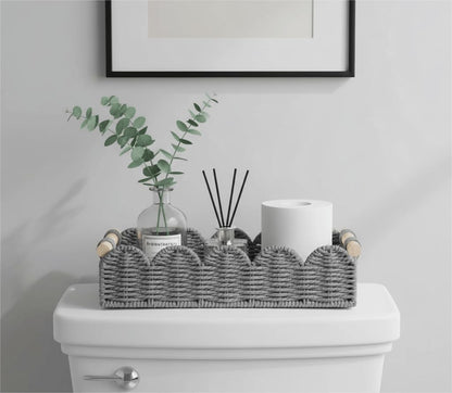 CubesLand Paper Rope Scalloped Edge Toilet Paper Storage Basket, Small Living Room, Bedroom Decor Baskets for Over Toilet Storage Shelf, End Table, Shelves and More, with 2 Wooden Handle, Neutral