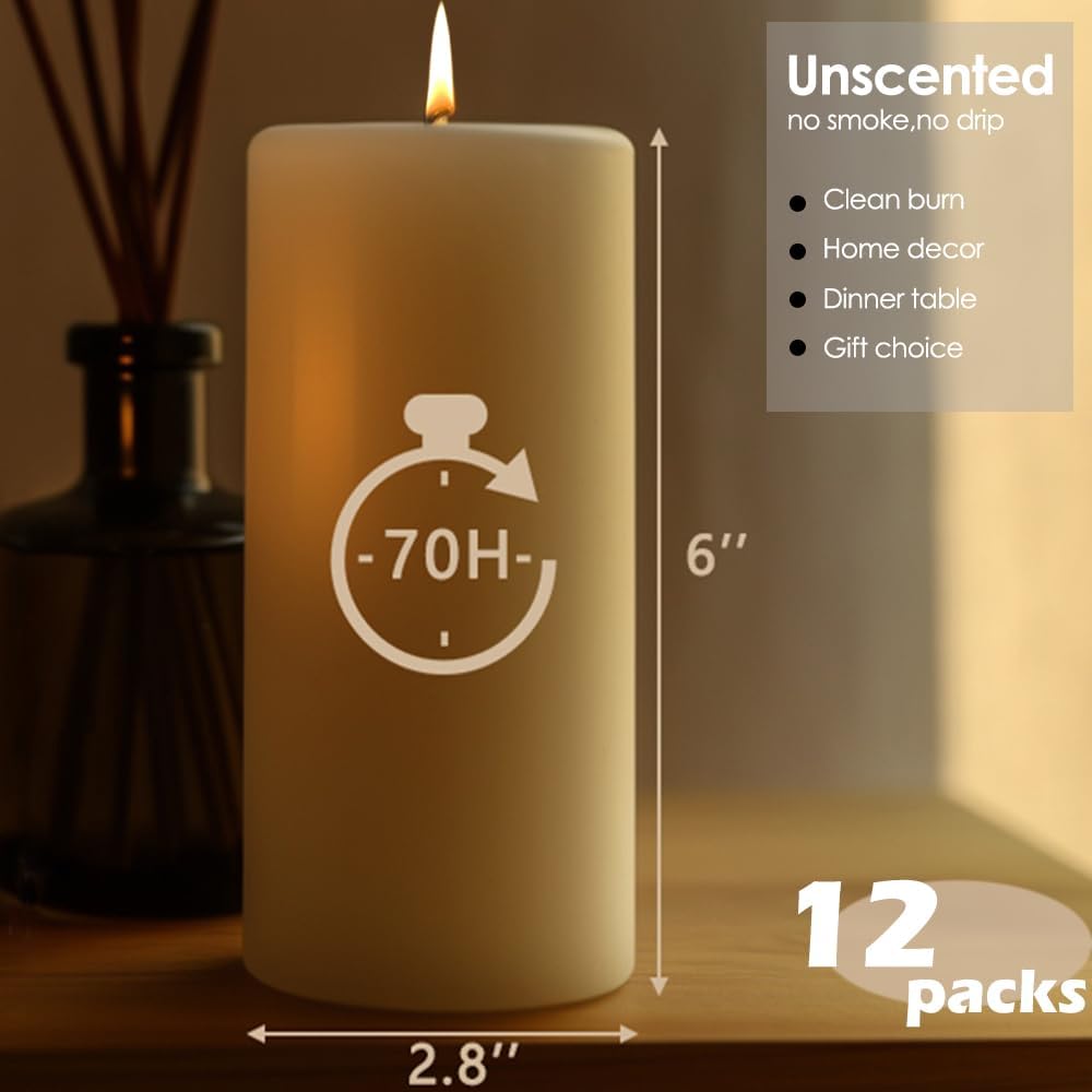 Unscented Ivory Pillar Candles Set of 6-2.8x4 inch - Dripless and Smokeless Large Pillar Candles, 50-Hours Long Burning Time Paraffin Candle for Dinner Table, Christmas and Home Decor
