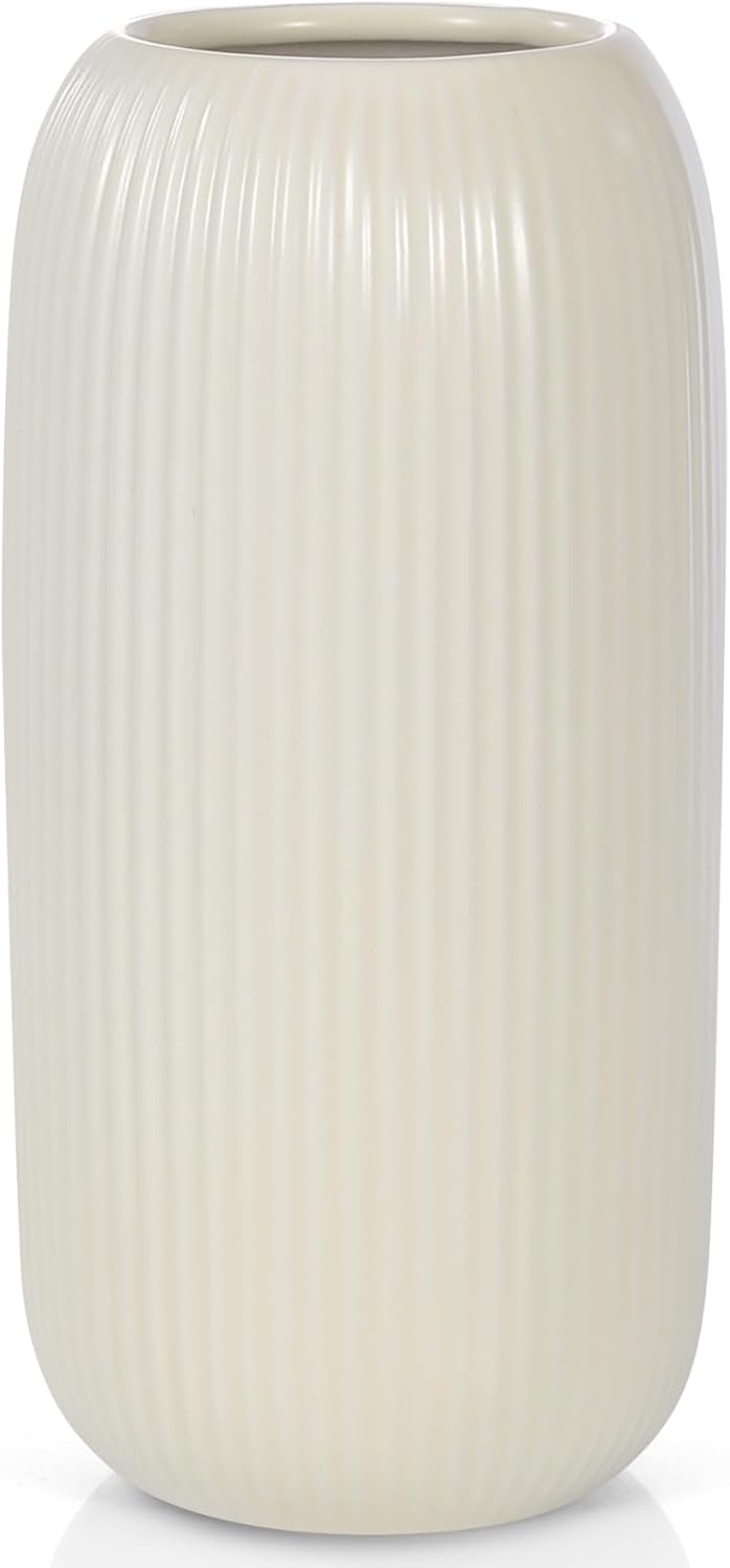 Ceramic Vase for Flowers – Modern Small Ribbed Textured Flower Vase for Home Decor, Pampas Grass, Decorative, Farmhouse, Coffee Table, Kitchen Centerpieces, Bookshelf and Home Living (White)