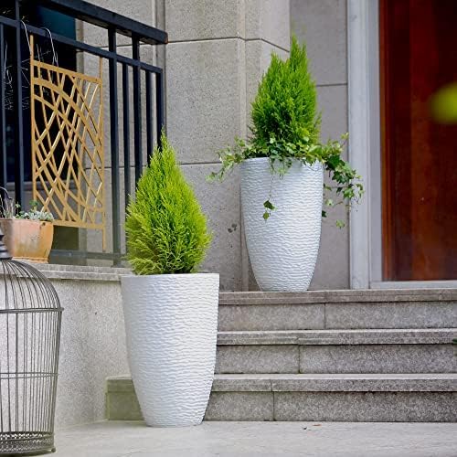 Worth 9 Gallon Tall Round Planters Set of 2-14" Dia x 21" H Stone Finish Flower Pots Indoor Decorative Container Garden Patio Unbreakable Beige
