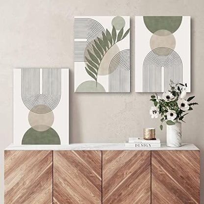 Sage Green Boho Wall Art Set of 3, Minimalist Framed Wall Art Geometric Line Leaf Sun Moon Beige Green Canvas Artwork Paintings, Abstract Botanical Boho Room Decor, Office, 12"x16"