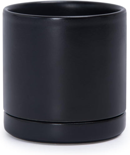 D'vine Dev 6.5 Inch Ceramic Planter Pot with Drainage Hole and Saucer, Indoor Cylinder Round Planter Pot, Olive, 94-O-C-J