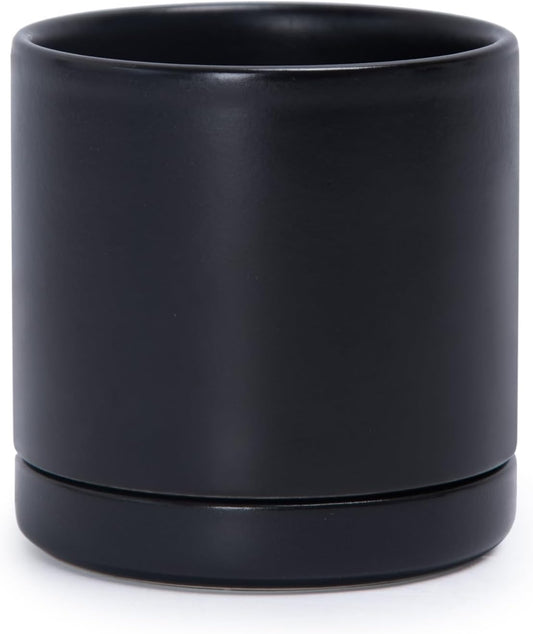 D'vine Dev 6.5 Inch Ceramic Planter Pot with Drainage Hole and Saucer, Indoor Cylinder Round Planter Pot, Olive, 94-O-C-J