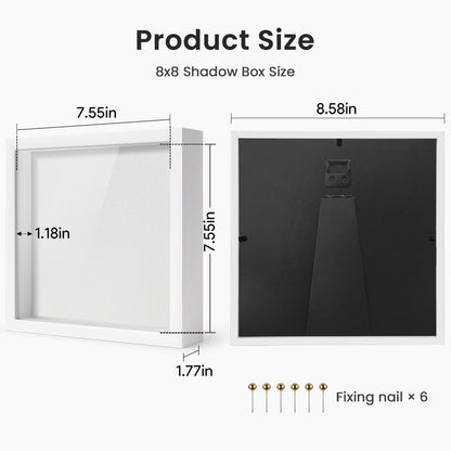 8x8 Shadow Box Frame | Soft Linen Back & Push Pins Included, Polystyrene Glass Memory Display Case for Flowers, Tickets & Cherished 3D Items, White