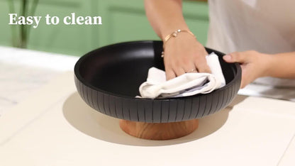 Mango Wood fruit bowl, Decorative black bowl with natural finish pedestal | 12" dia | Dual tone look | Use as Centerpiece for kitchen counter or dining table (Black)