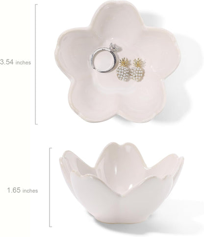 Pink Flower Ring Dish Holder,Jewelry Dish Tray,Small Trinket Tray,Jewelry Plate Bowl,Key Bowl,Decorative Plate,Mothers Day Birthday Gifts for Women Friends,Ceramic Kiln effect White