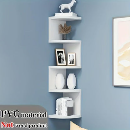 No-Drill Corner Shelf Wall Mount, 5-Tier Floating Corner Bookshelf with Hooks, Space-Saving Zigzag Plant Shelf for Bedroom, Living Room, Bathroom, Home Office