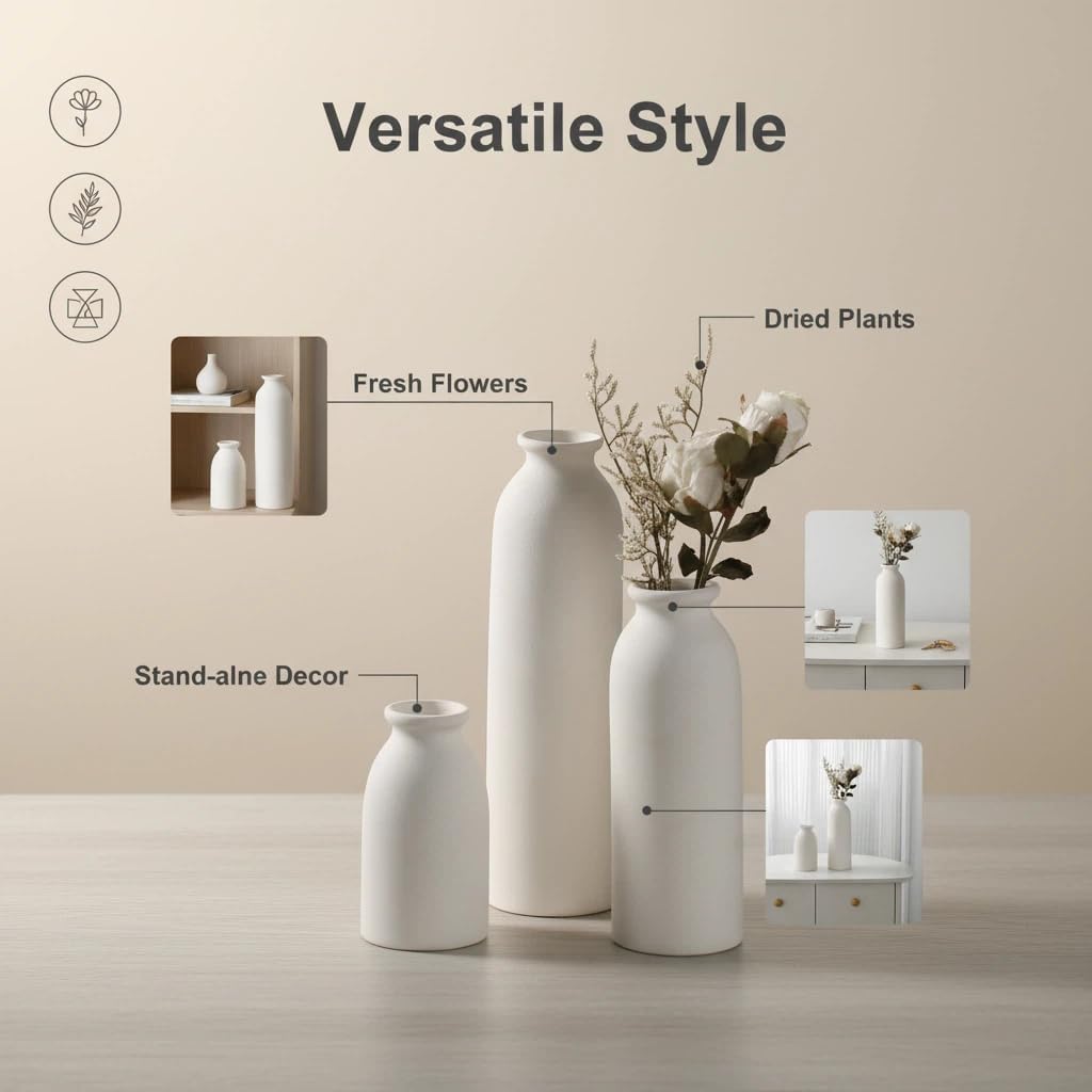 CEMABT Beige Ceramic vase Set-3 Small Flower vases for Decor,Modern Boho Farmhouse Home Decor,Decorative vase for Pampas Grass&Dried Flowers,idea Shelf,Table,Bookshelf ，Entryway- Distressed