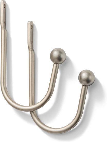 2 Pack Curtain Holdbacks - Silver, Decorative Drapery Wall Hooks with Hardware, Curtain Pull Back Hooks, Metal Curtain Tiebacks Wall Mounted, Window Side Holders for Drapes, Curtain Accessories