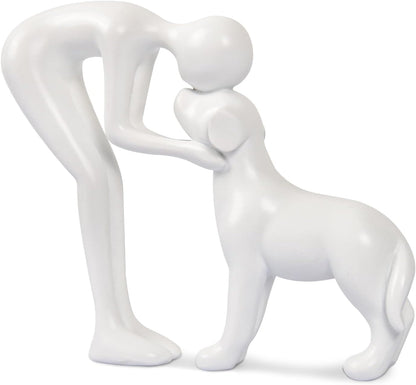 Abstract Resin Hand-Painted Sculpture of Person and Dog Bonding – Head-to-Head Intimate Figurine Decoration for Office、Living Room、Bedroom、Home， Memory Gifts for Pet Lovers (Sandstone)