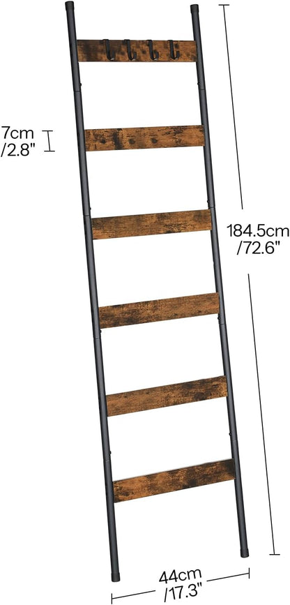 HOOBRO Blanket Ladder, 5-Tier Towel Rack with Hooks, Wall-Leaning Blanket Rack, Decorative Display Ladder Shelf, for Scarves, Industrial, Living Room, Bedroom, Rustic Brown and Black BF52CJ01