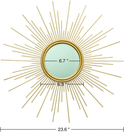 Sunburst Mirror, 24" Boho Mirror, Gold Sun Decorative Mirrors for Wall Decor, Small Mid Century Modern Small Living Room