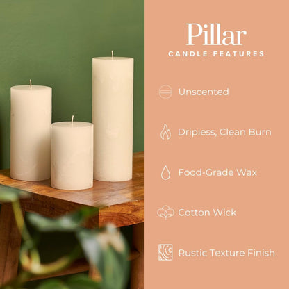 Simply Soson 3x6 inch Ivory Pillar Candles Set of 3, Rustic Texture, Unscented Ivory Candles, Dripless Candles, 3 inch Pillar Candles Ideal as Wedding, Parties, Spas, Dinner, Home Decoration, Church