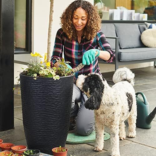 Worth 9 Gallon Tall Round Planters Set of 2-14" Dia x 21" H Stone Finish Flower Pots Indoor Decorative Container Garden Patio Unbreakable Beige