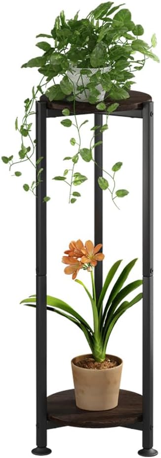 Plant Stand Indoor Corner Tall 2 Tier Metal Modern Flower Storage Plant Shelf Holder for Living Room Balcony Garden,Black (2 Tier-Black Round)