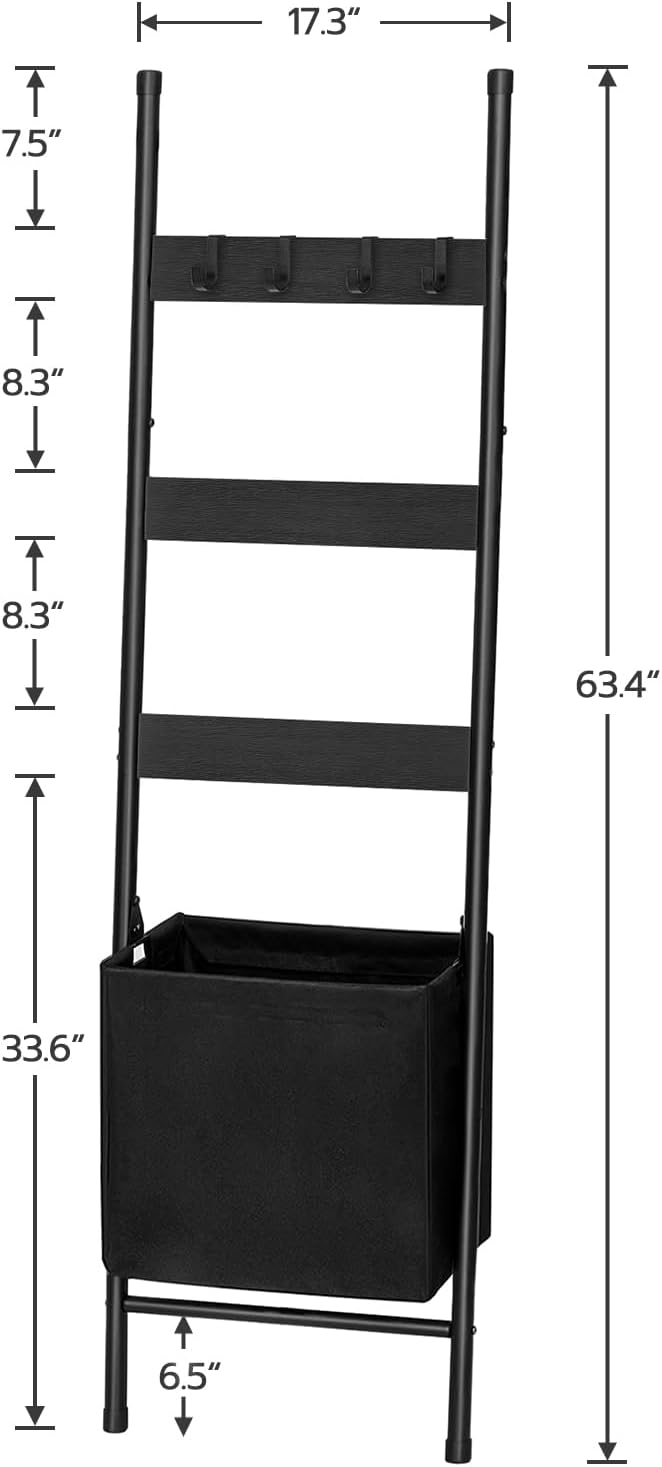 HOOBRO Blanket Ladder with Basket, 17.3”L x 63.4”H, Towel Rack with Hooks, Blanket Holder Rack, Decorative Ladder Shelf, Drying and Display Rack for Bathroom, Living Room, Rustic Brown BF31CJ01