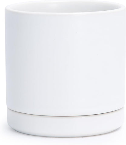 D'vine Dev 6.5 Inch Ceramic Planter Pot with Drainage Hole and Saucer, Indoor Cylinder Round Planter Pot, Olive, 94-O-C-J