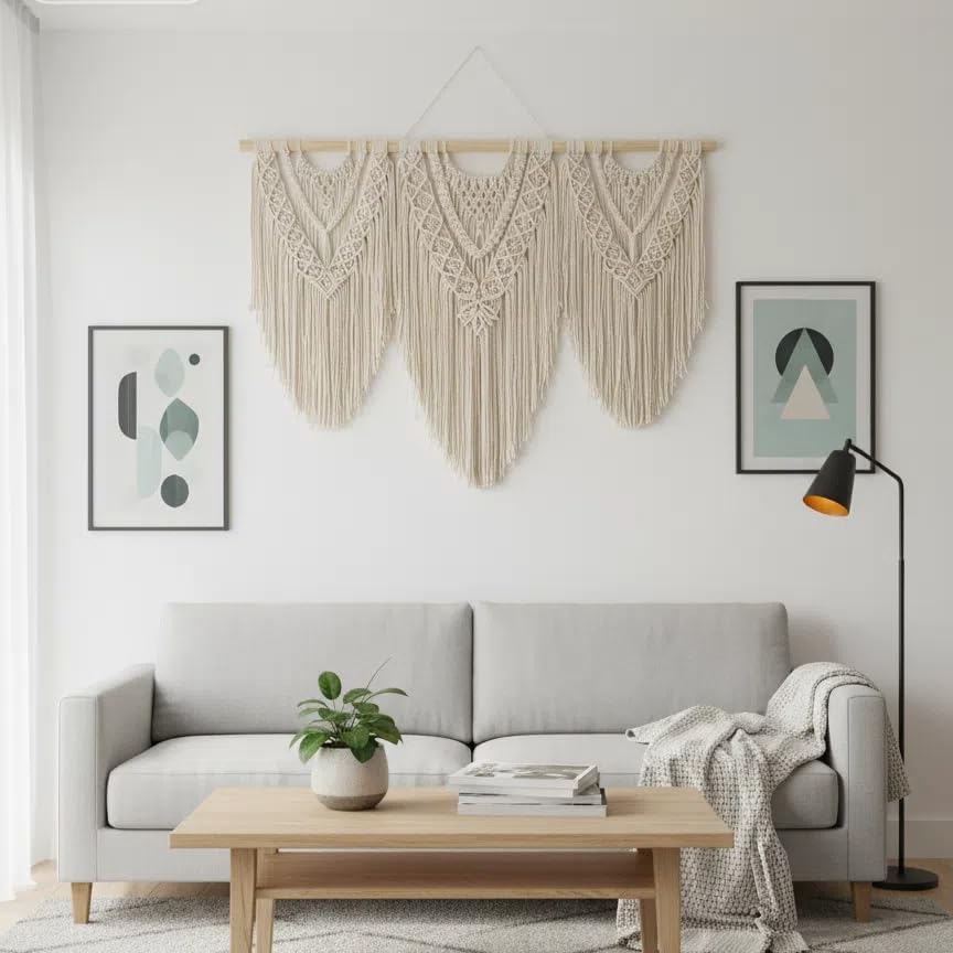 oiikain Large Handmade Boho Macrame Wall Hanging Tapestry - Chic Bohemian Woven Home Decor art for Living Room, Bedroom, and Wedding Parties (Beige, twelve rhombus)
