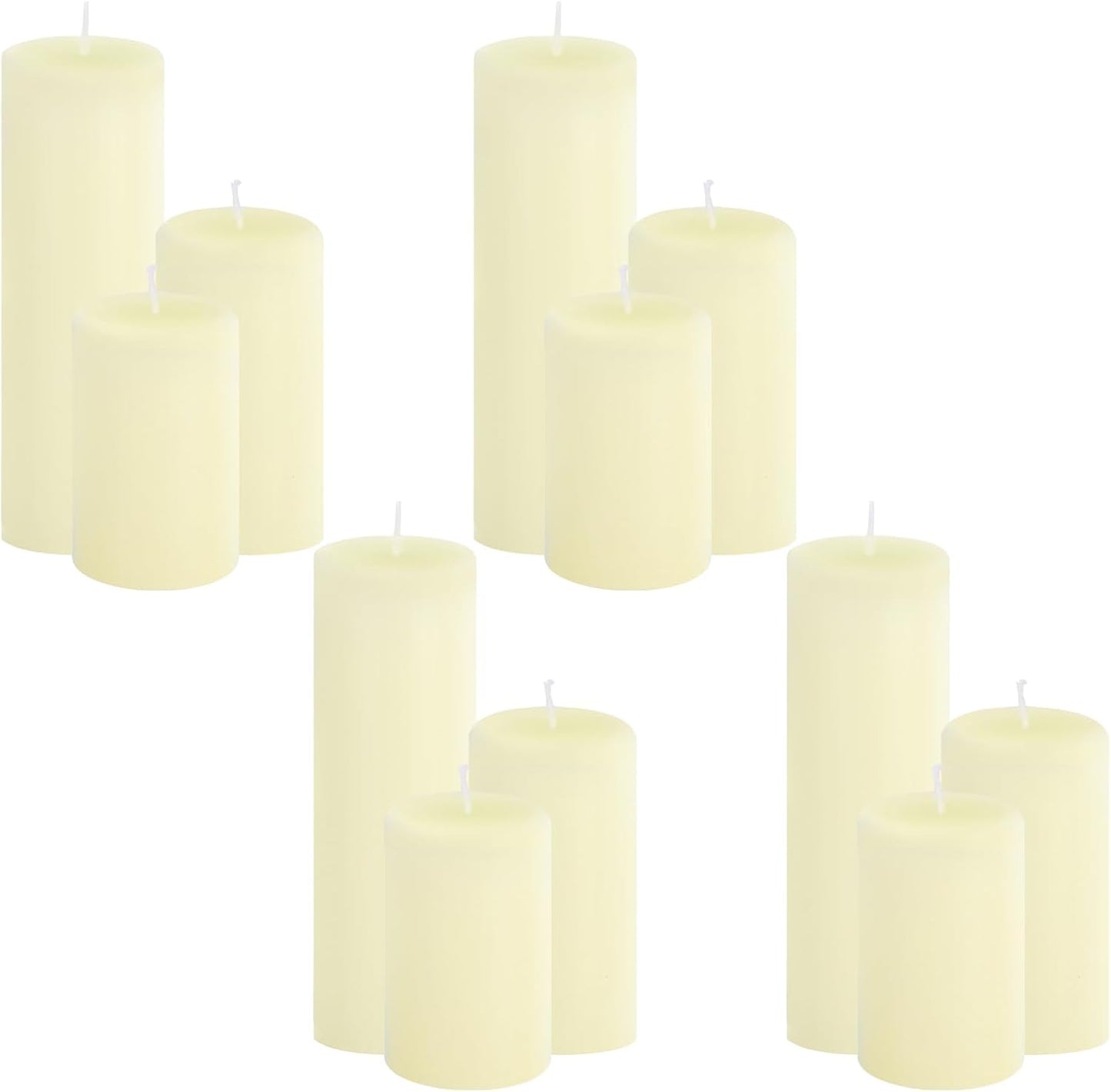 12-Pack Ivory Unscented Pillar Candle Set - 2x3, 2x6, 2x8-inch Long-Burning Drip-Free Tapers, 4 Per Size. Ideal for Home Decor, Weddings, Emergencies, and Holidays.