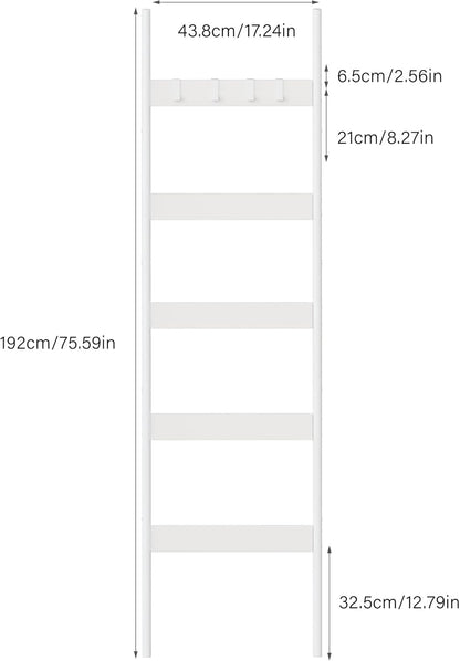 Blanket Ladder, 5-Tier Towel Holder with 4 Removable Hooks, Farmhouse Wall Leaning Decorative Rack Shelf, Wooden Towel Display Rack, Quilt Ladder for Living Room, Bedroom, Rustic Brown