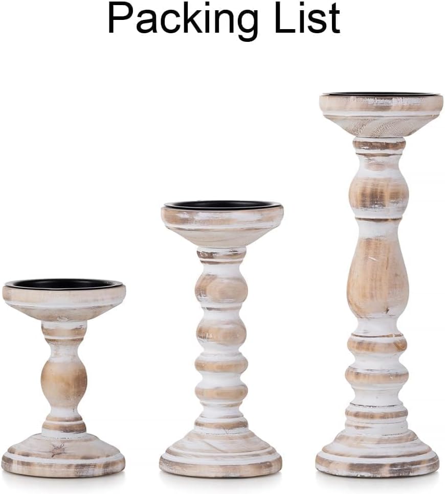 Wood Pillar Candle Holder: 3Pcs Rustic White Candle Holders for Pillar Candles Wood Candle Holders Distressed Wooden Farmhouse Candle Holder Large Rustic Candle Holder for Fireplace Table