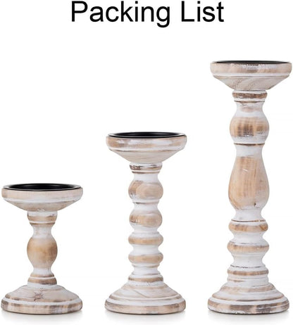 Wood Pillar Candle Holder: 3Pcs Rustic White Candle Holders for Pillar Candles Wood Candle Holders Distressed Wooden Farmhouse Candle Holder Large Rustic Candle Holder for Fireplace Table