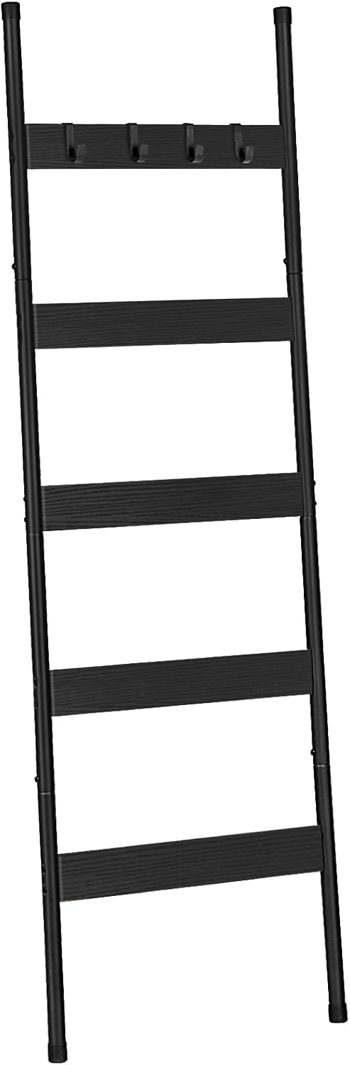 HOOBRO Blanket Ladder, 5-Tier Towel Rack with Hooks, Wall-Leaning Blanket Rack, Decorative Display Ladder Shelf, for Scarves, Industrial, Living Room, Bedroom, Rustic Brown and Black BF52CJ01
